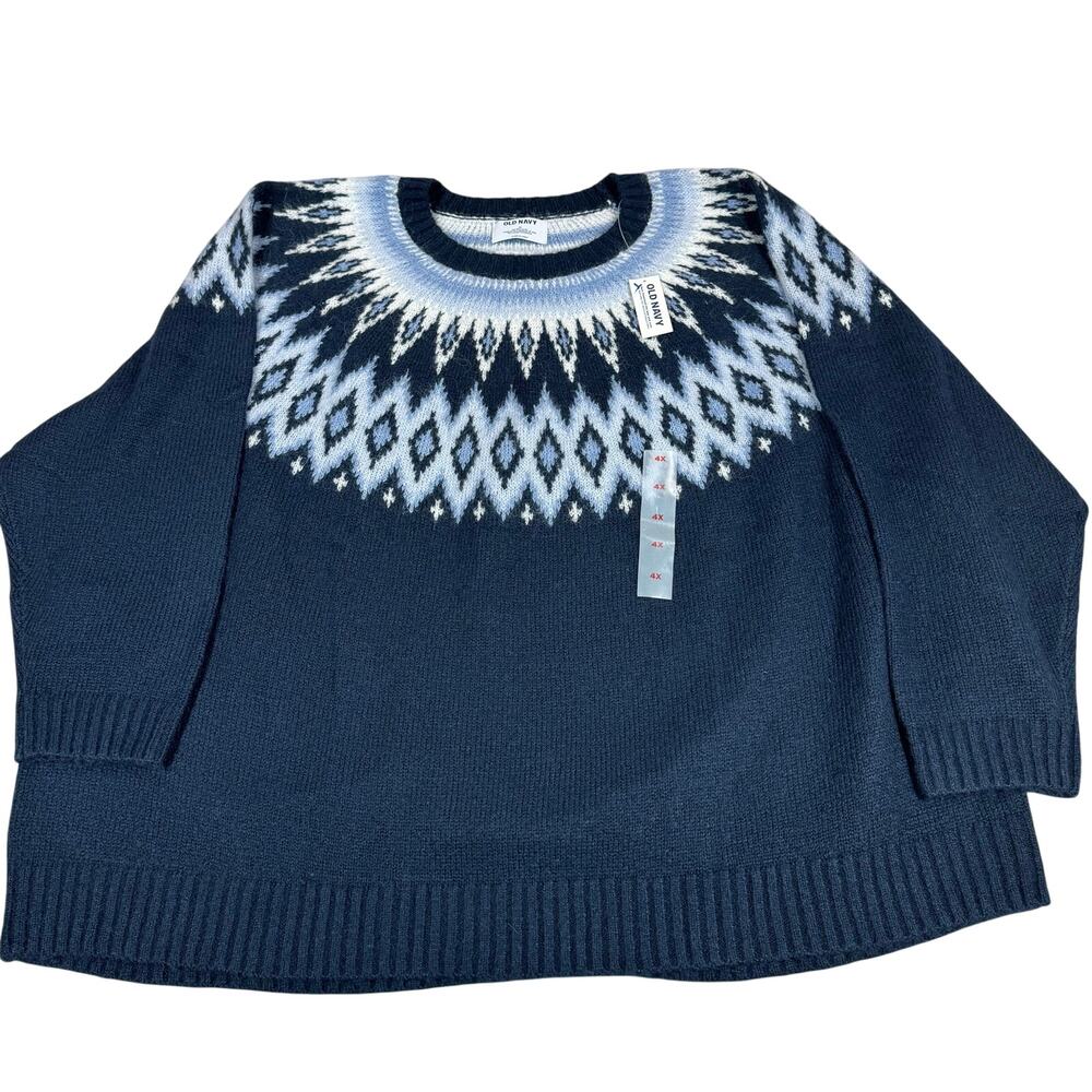 Old Navy Sweater Womens 4X Blue Geometric Fair Isle Cozy Shaker Stitch Soft